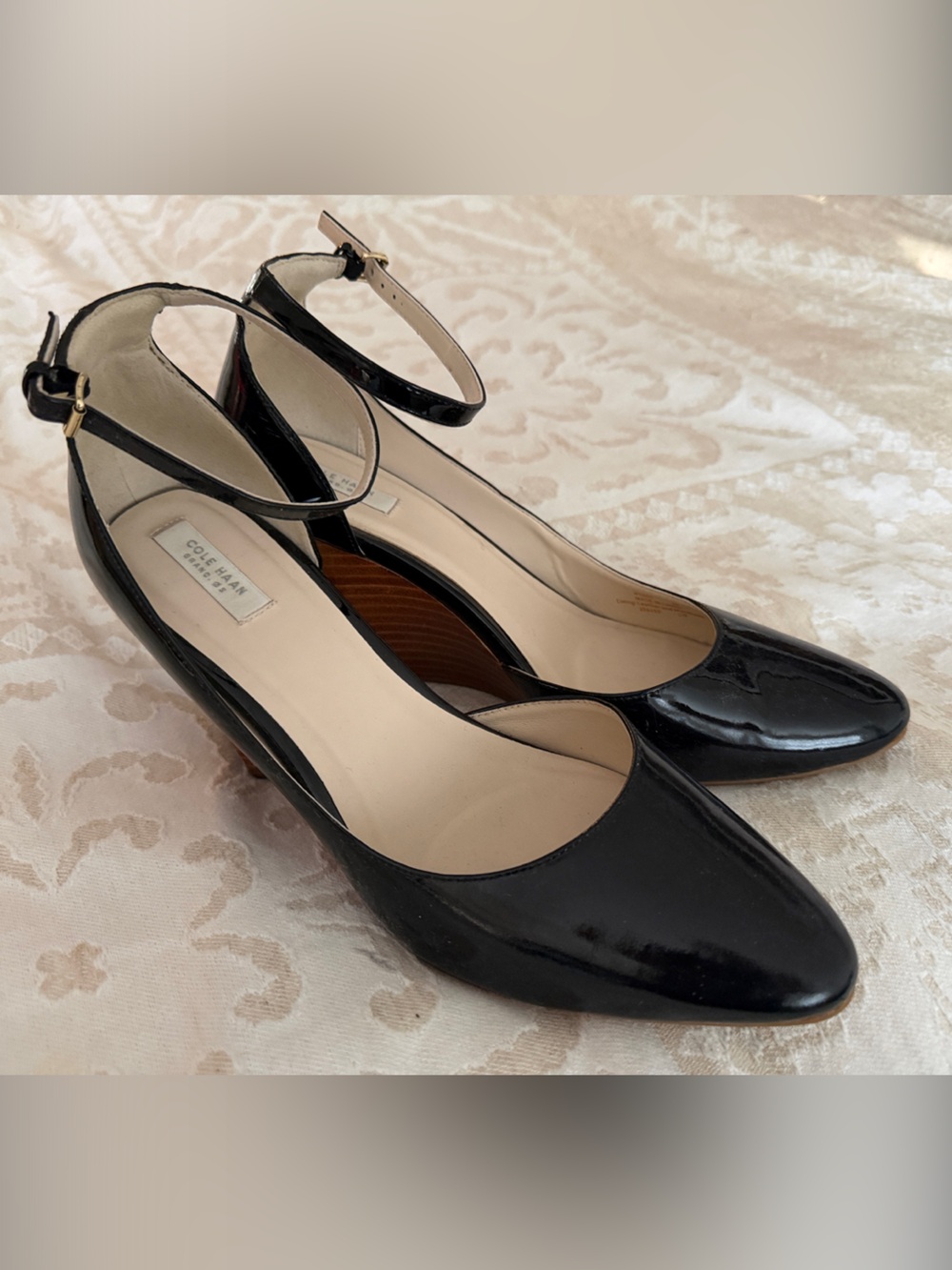 Cole Haan Black Patent Leather Wedges Pumps ankle straps